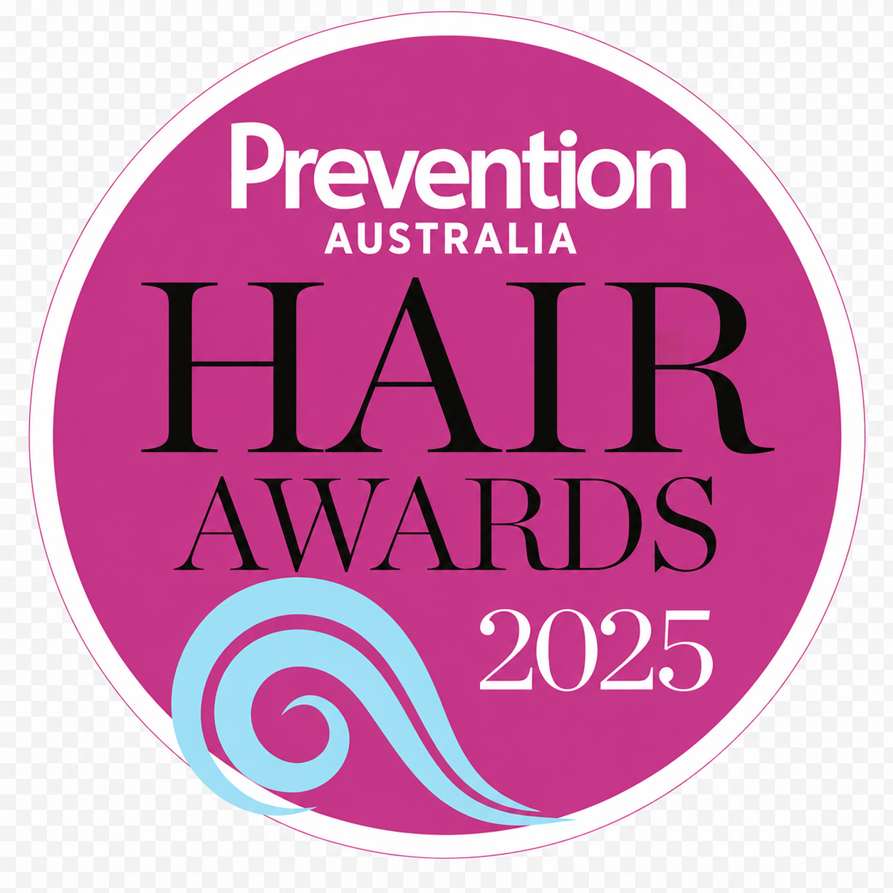 Logo for Prevention Australia Hair Awards 2025 with a pink circle and blue wave design.